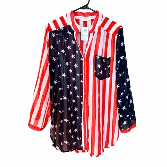 NWT Red, White & Blue Stars & Stripes Sheer Button Down Shirt Size Large - Picture 8 of 10
